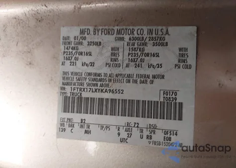 2000 Ford F-150 Lariat/Work Series/Xl/Xlt z USA, uszkodzony, nr VIN 1FTRX17LXYKA96552